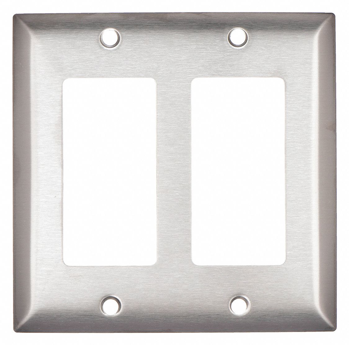 ROCKER WALL PLATE, DECORATOR-ROCKER, STAINLESS STEEL, SILVER, 2 OUTLET OPENINGS, 2 SWITCH OPENINGS