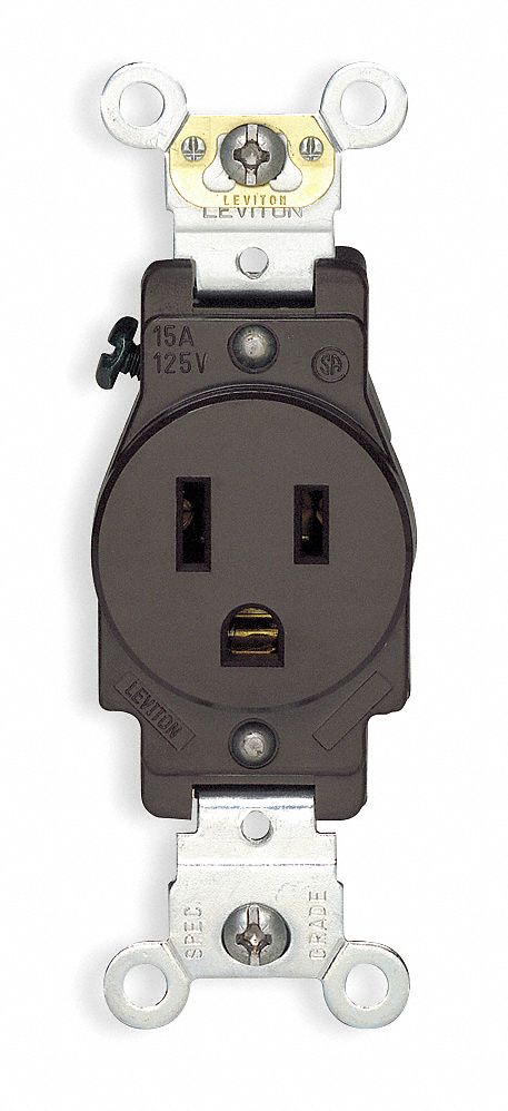 Receptacle: Single, Brown, 5-15R, 15 A, 125V AC, 2 Pole / 3 Wire, Screw Terminals