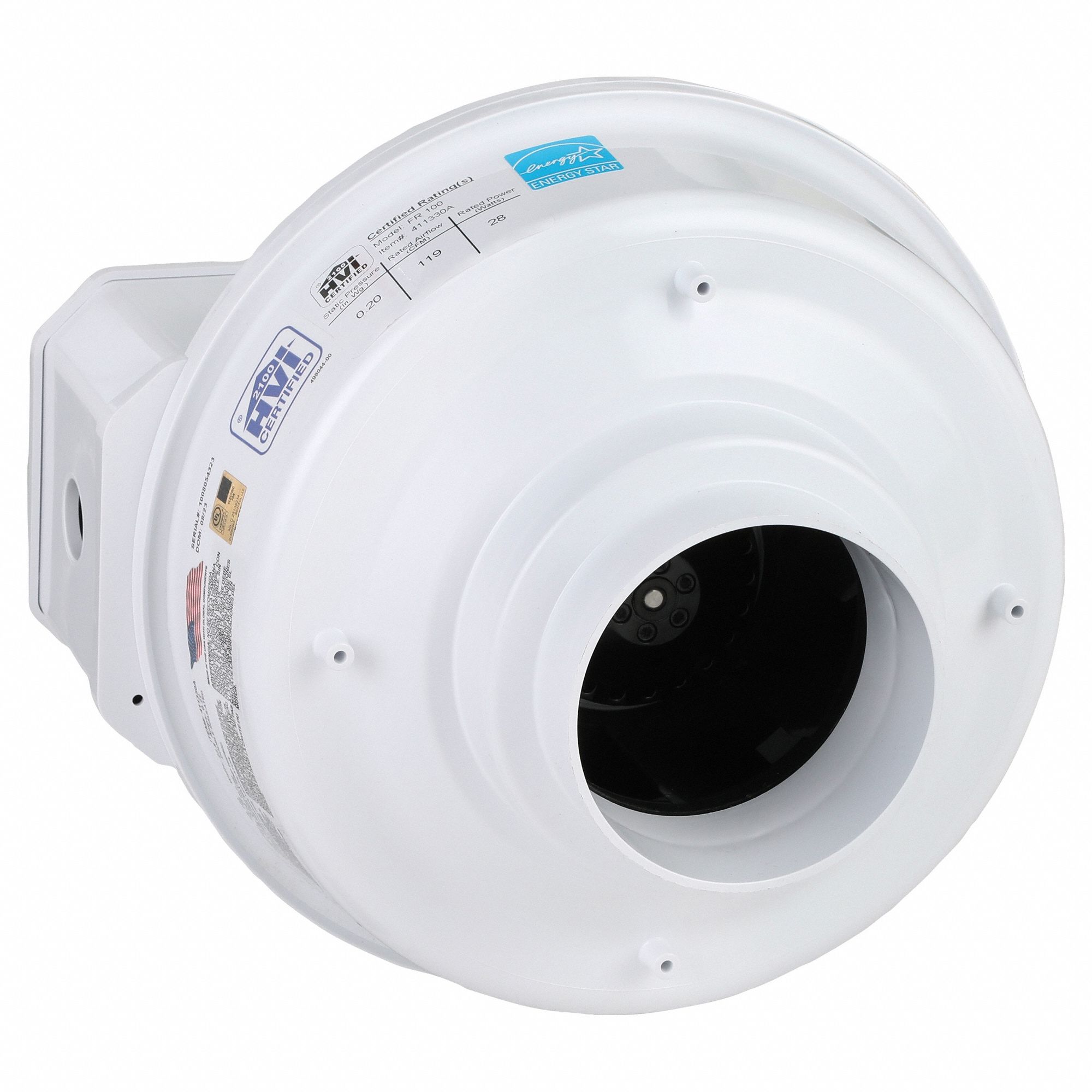 IN-LINE DUCT FAN, 151 CFM MAX, 4 IN DUCT, 20 W, 120V AC, 1 PH, IP44, THERMOPLASTIC