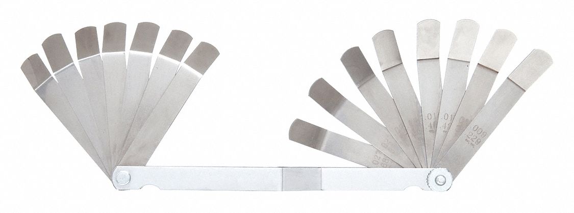 BENT FEELER GAUGE SET, 16 FEELER, 09 TO 0.027 IN THICK RANGE, 3 IN BLADE L