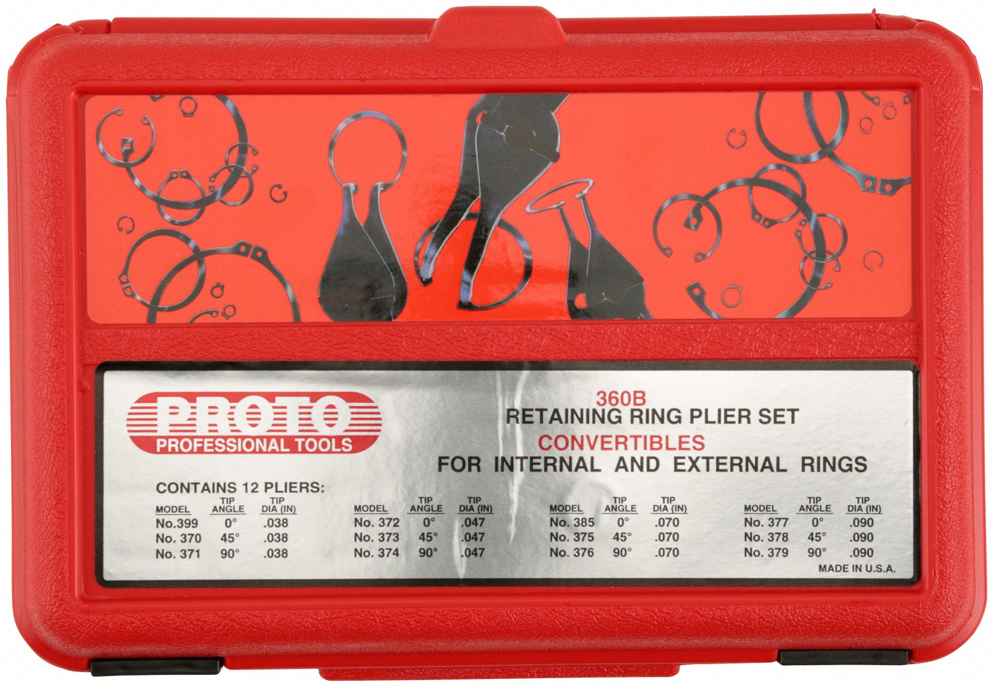 PROTO Retaining Ring Plier Set Convertible, For 3/8 in to 3 in Bore