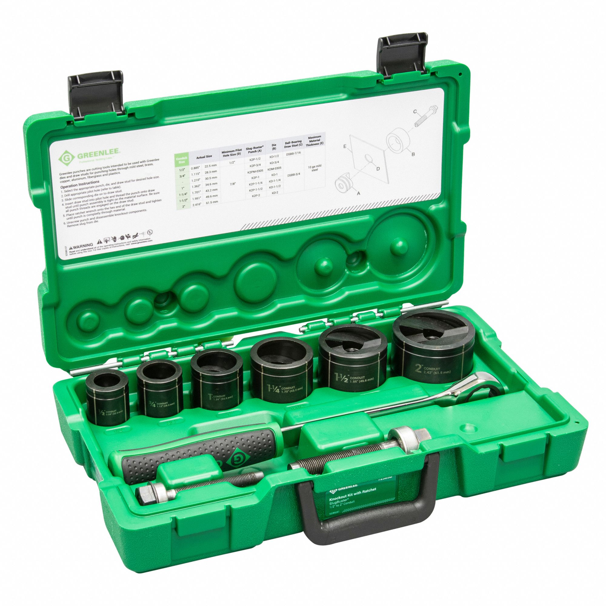 GREENLEE Knockout Punch Driver Set 6 Pieces, 10 ga Max Sheet Metal CapacitySteel 5C632