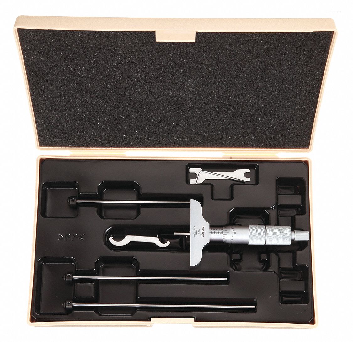 MECHANICAL DEPTH MICROMETER, 0 IN TO 4 IN RANGE, +/-0015 IN ACCURACY, 2½ IN BASE L