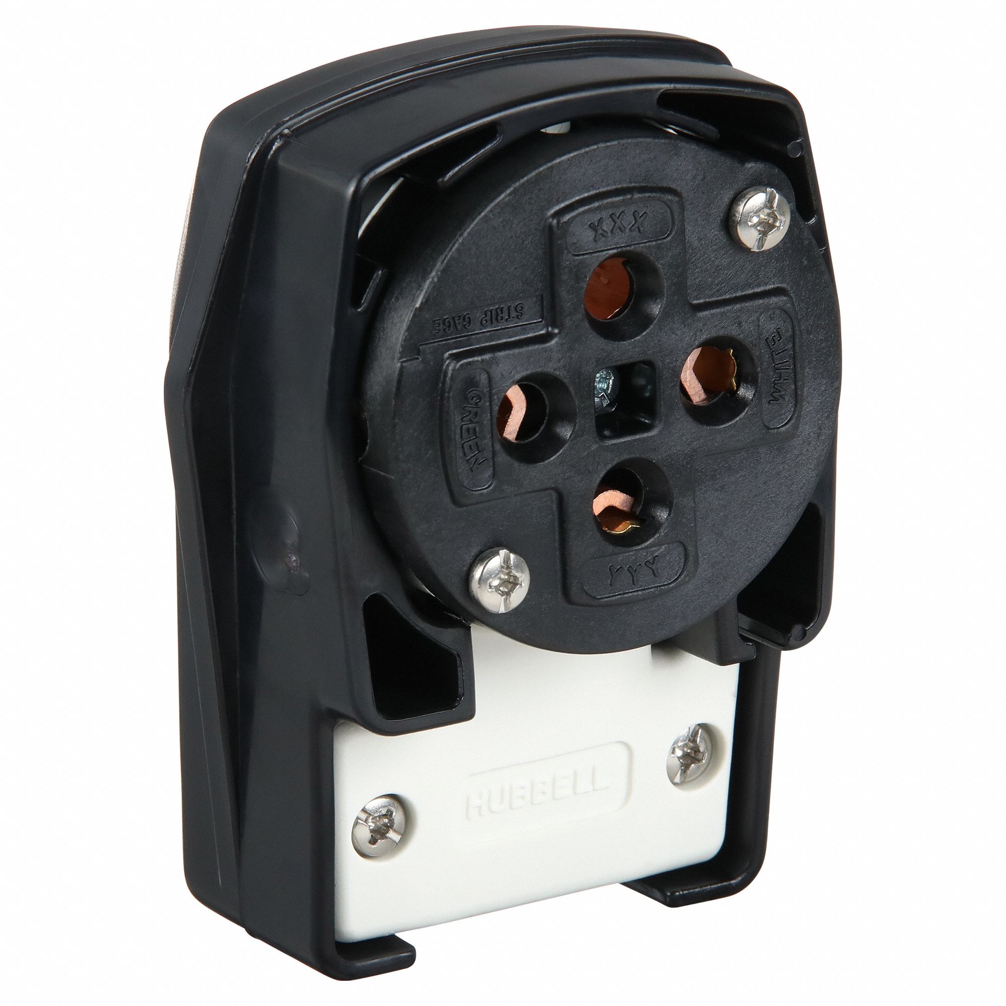 ANGLE STRAIGHT BLADE PLUG, 14-60P, 60 A, 125/250V AC, BLACK, 3 POLES, SCREW TERMINALS