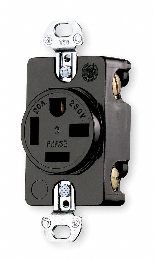 RECEPTACLE, SINGLE, 15-20R, 250V AC, 20 A, BLACK, 3 POLE/4 WIRE, SCREW TERMINALS