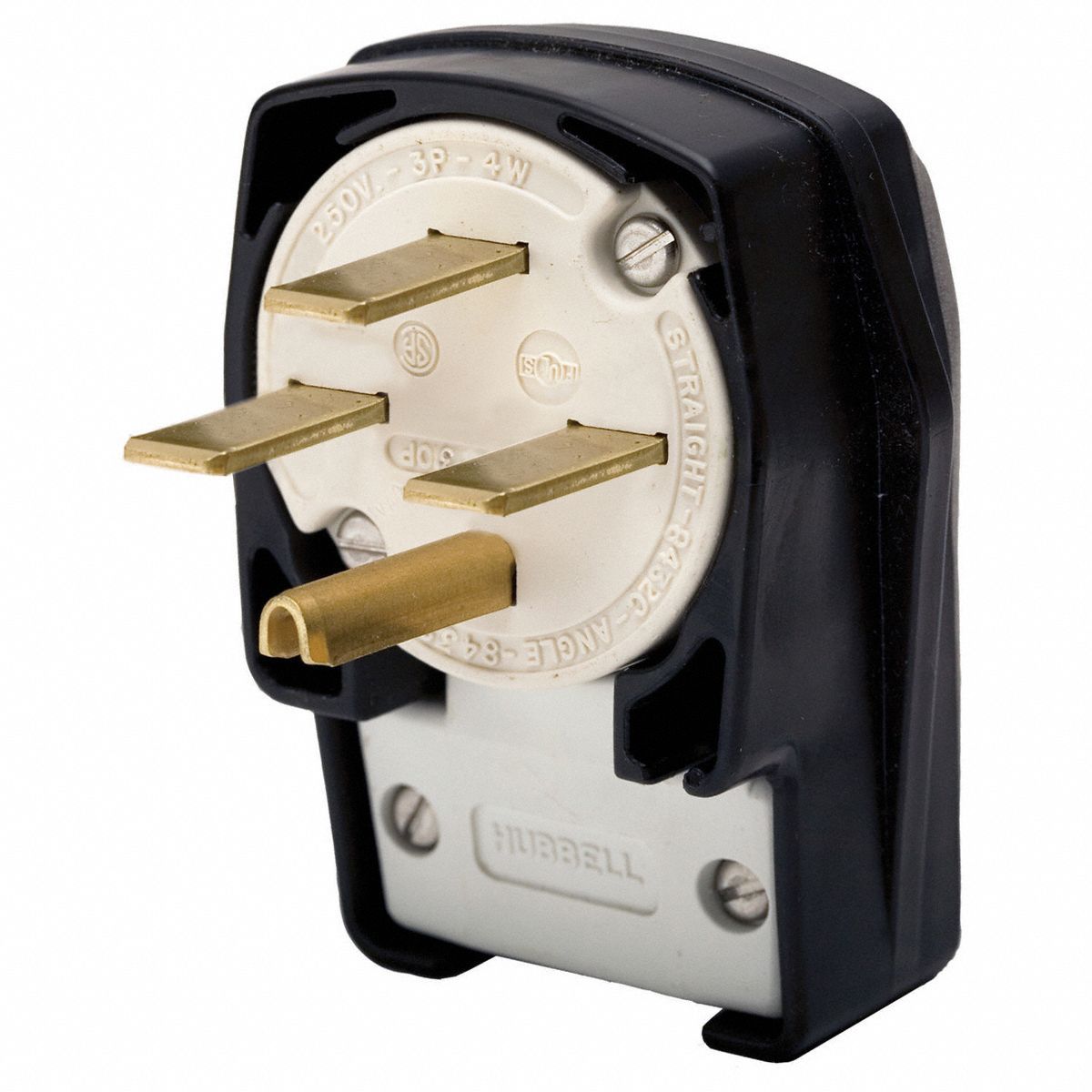 Angle Straight Blade Plug: 15-30P, 30 A, 250V AC, Black/White, 3 Poles, Screw Terminals