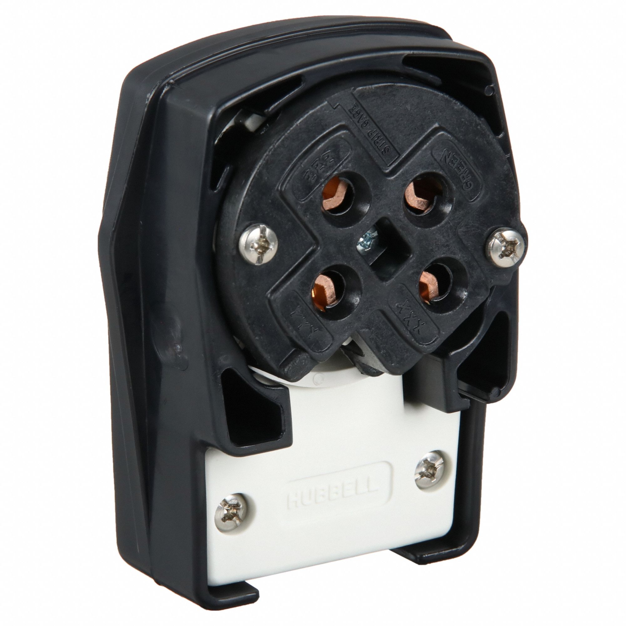 ANGLE STRAIGHT BLADE PLUG, 15-60P, 60 A, 250V AC, BLACK, 3 POLES, SCREW TERMINALS