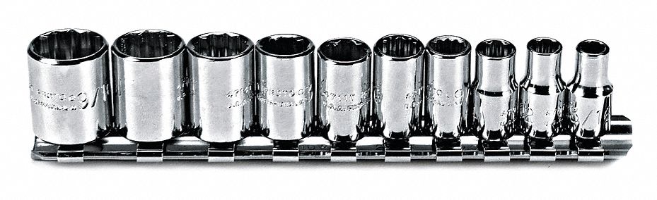 Socket Set: 1/4 in Drive, 10 Piece, 12-Point, SAE, 3/16 in to 9/16 in