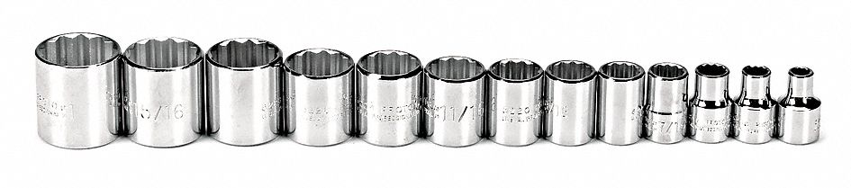 Socket Set: 3/8 in Drive, 13 Piece, 12-Point, SAE, 1/4 in to 1 in