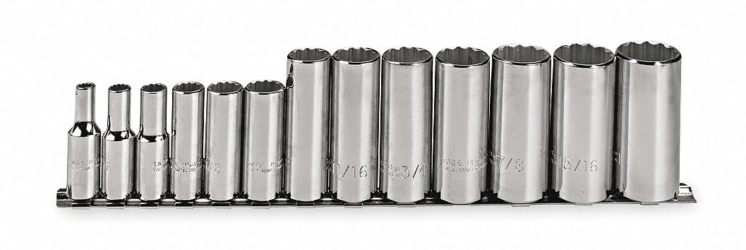 Socket Set: 3/8 in Drive, 13 Piece, 12-Point, SAE, 1/4 in to 1 in