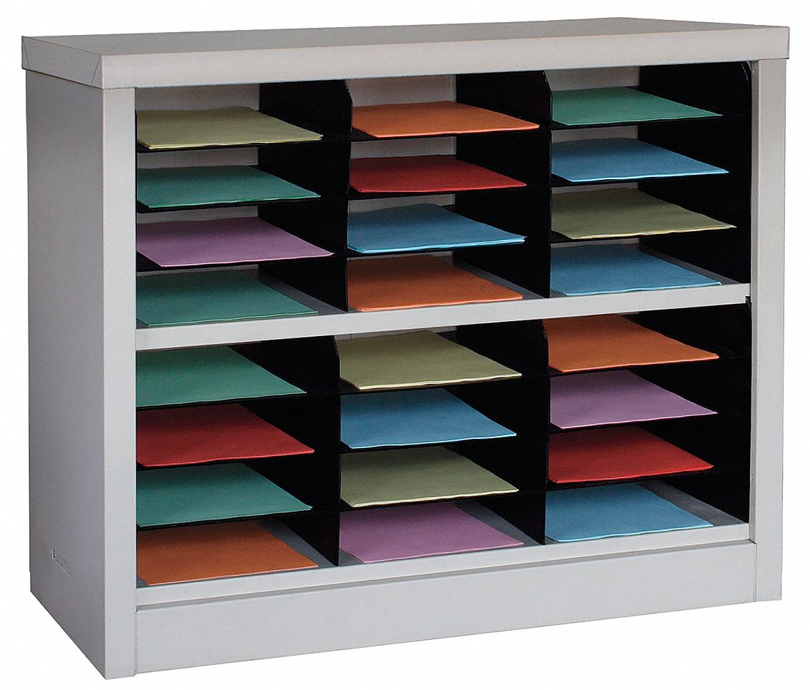 Literature Organizer: Tan, 24 Compartments, Includes Label Holders, 13 in Overall Dp