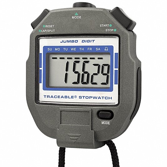 TRACEABLE STOPWATCH JUMBO DIGIT NIST 3X2: +/-0.001% Accuracy, 1/2 in LCD,  Calibration Certificate