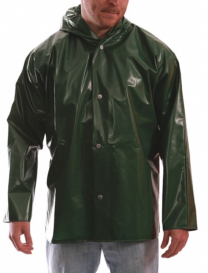 UNISEX RAIN JACKET WITH HOOD, 5XL, GREEN, STORM FLAP, HIP LENGTH , NYLON