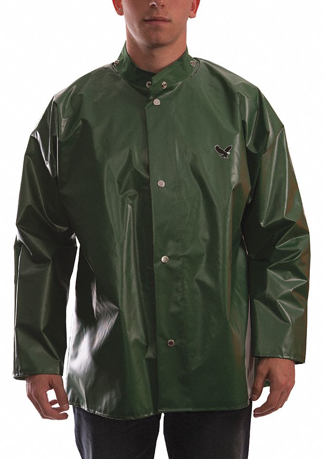 UNISEX RAIN JACKET WITH HOOD SNAPS, M, GREEN, STORM FLAP, HIP LENGTH , NYLON