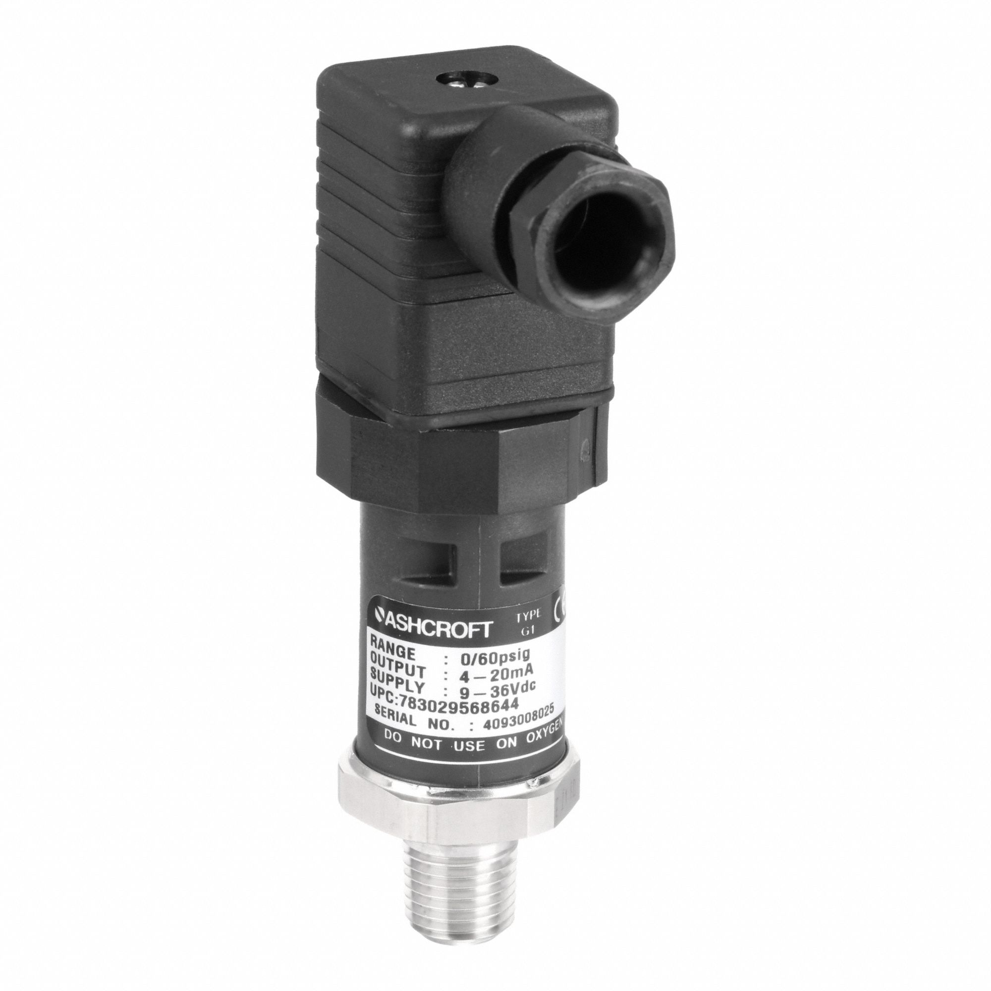 Pressure Transmitter: 0 psi to 60 psi, 4 to 20mA DC, DIN 43650 Form A Connector, 1/4 in Male NPT