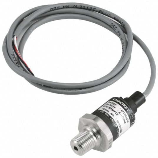 Pressure Transmitter: 0 psi to 1,000 psi, 4 to 20mA DC, Cable & Wire Leads,  1/4 in Male NPT