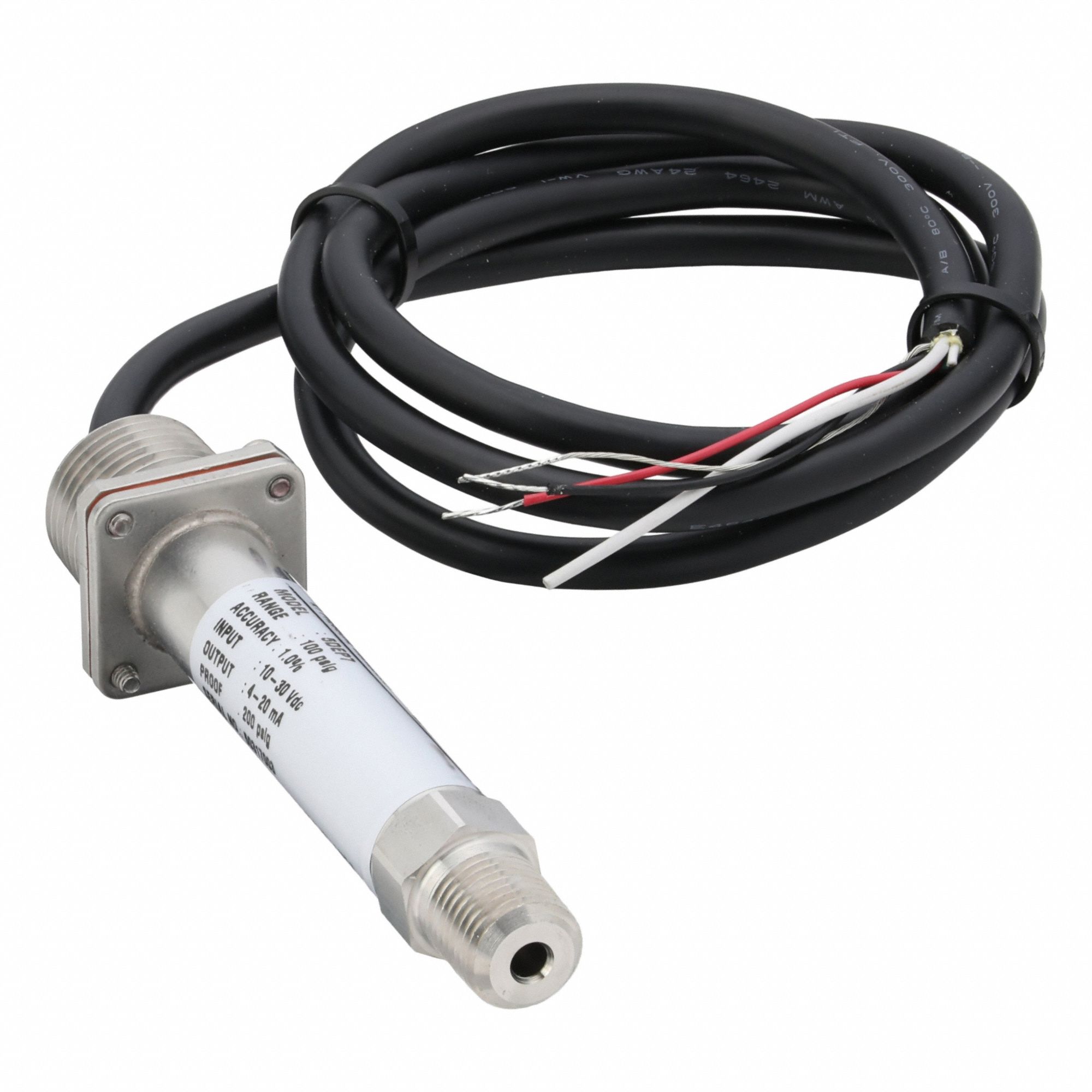 Pressure Transmitter: 0 psi to 100 psi, 4 to 20mA DC, Cable & Wire Leads, IP67 /4X, 1/4 in NPT Male