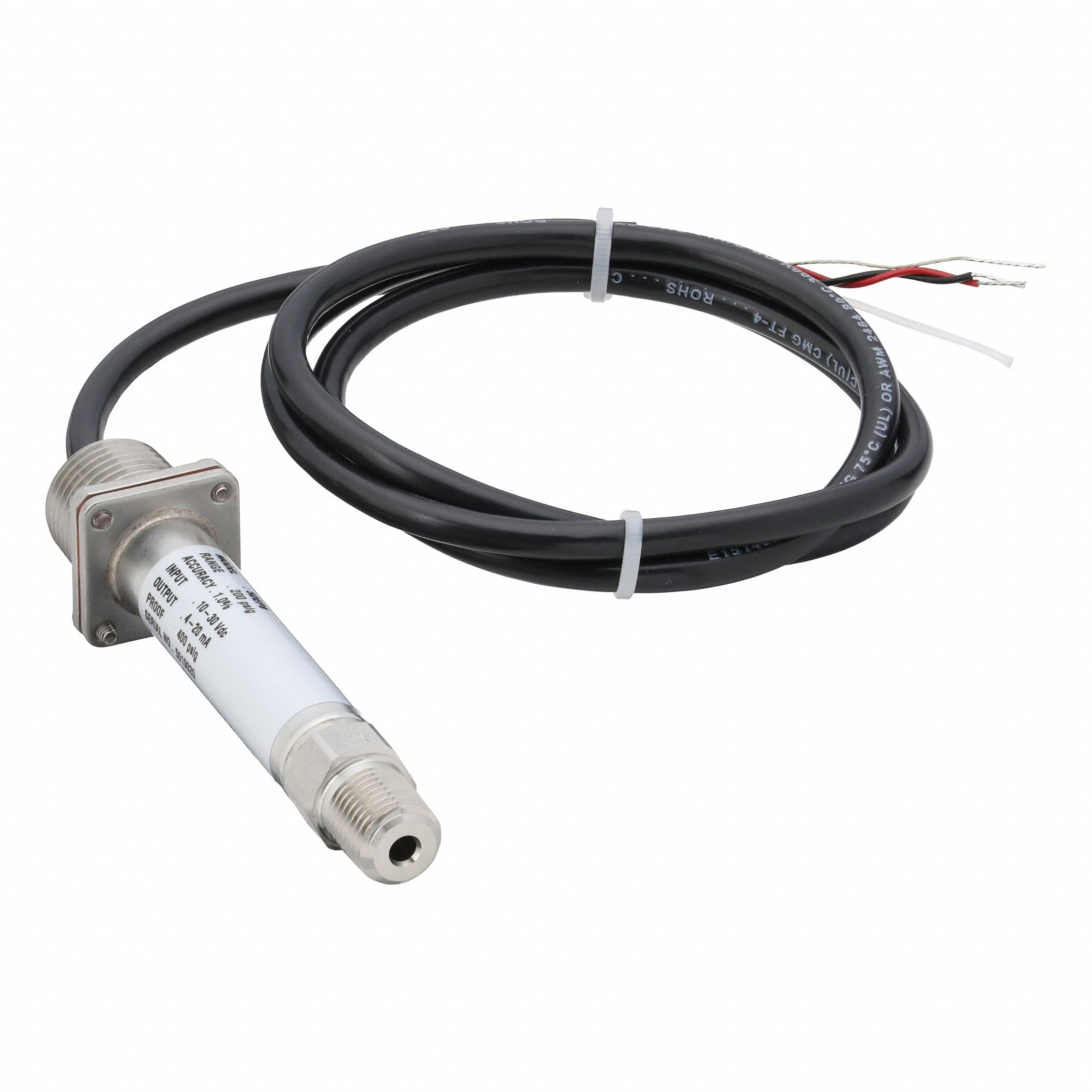 Pressure Transmitter: 0 psi to 200 psi, 4 to 20mA DC, Cable & Wire Leads, IP67 /4X, 1/4 in NPT Male