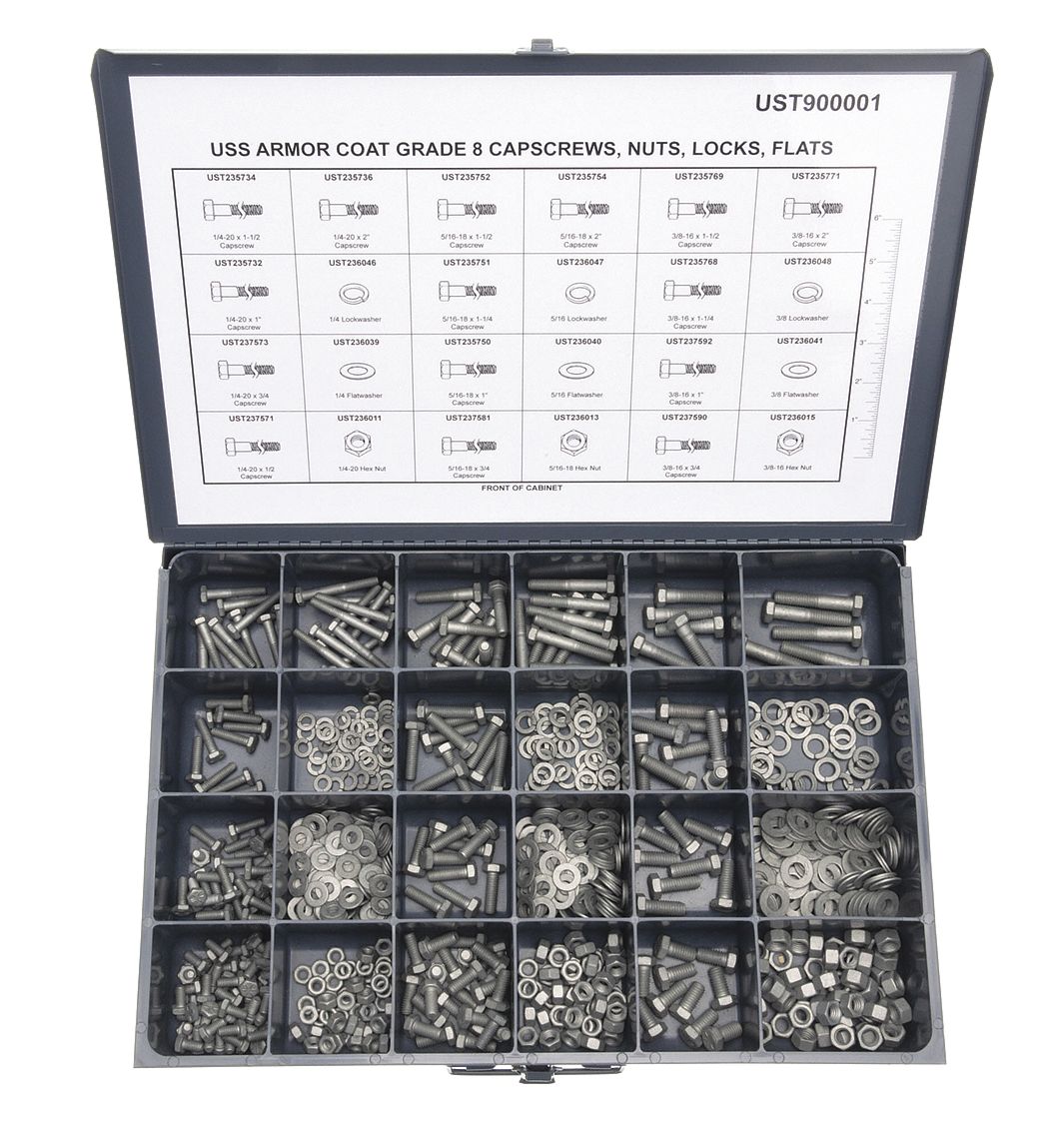 ASSORTIMENT VIS À TÊTE HEXAGONALE,ACIER,GRADE 8,MANTEAU D'ARMURE,GROS,POUCE,738PC,COFFRET MÉTAL