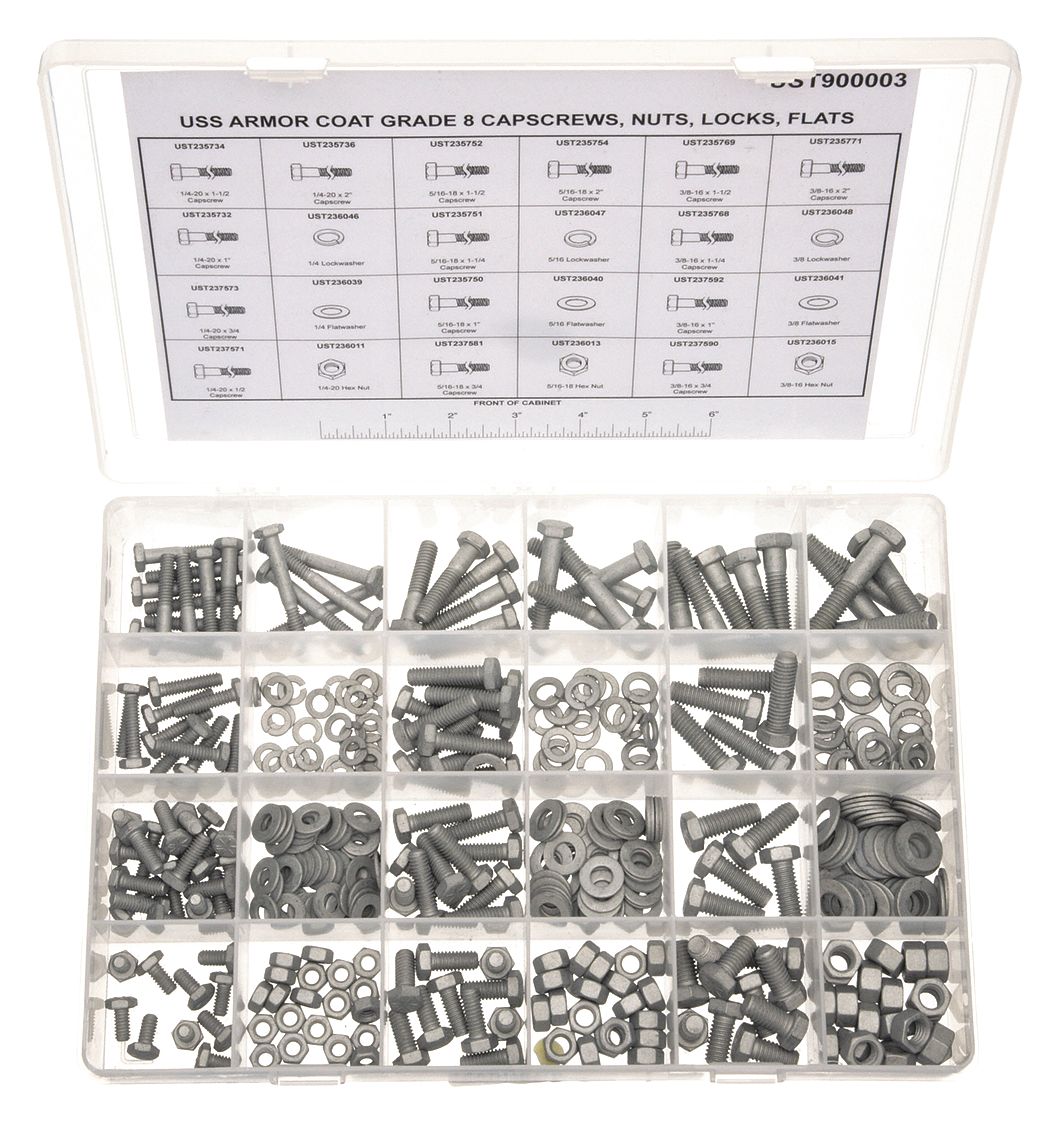 ASSORTIMENT VIS À TÊTE HEXAGONALE,ACIER,GRADE 8,MANTEAU D'ARMURE,GROS,POUCE,330PC,COFFRET PLASTIQUE