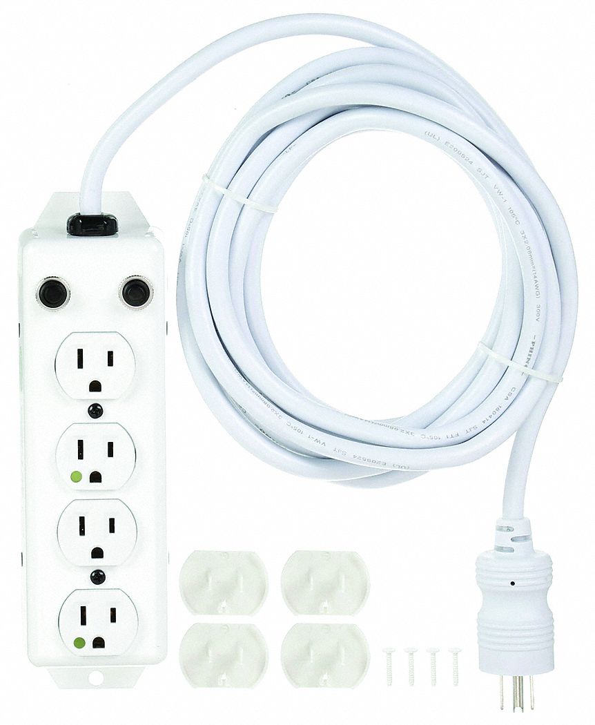 OUTLET STRIP, 4 OUTLETS, 15 FT CORD, 15 A MAX, WHITE, HOSPITAL GRADE NEMA 5-15P