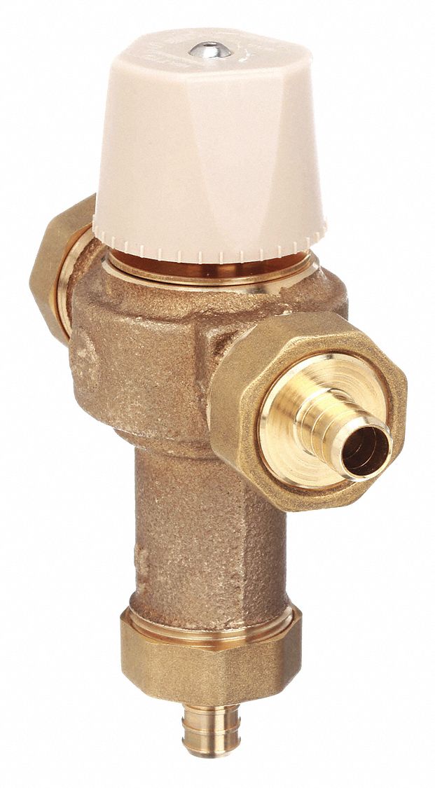 THERMOSTATIC MIXING VALVE: ½ IN INLET CONNECTION SIZE, ½ IN OUTLET CONNECTION SIZE, BRASS