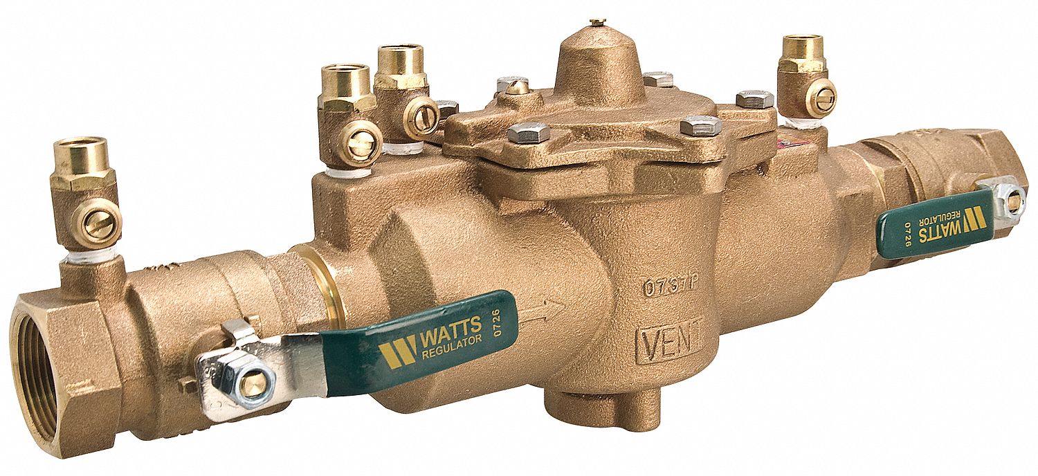 Reduced Pressure Zone Backflow Preventer: WATTS LF009, 1 in, IPS, Lead Free  Brass, 16 3/4 in Lg