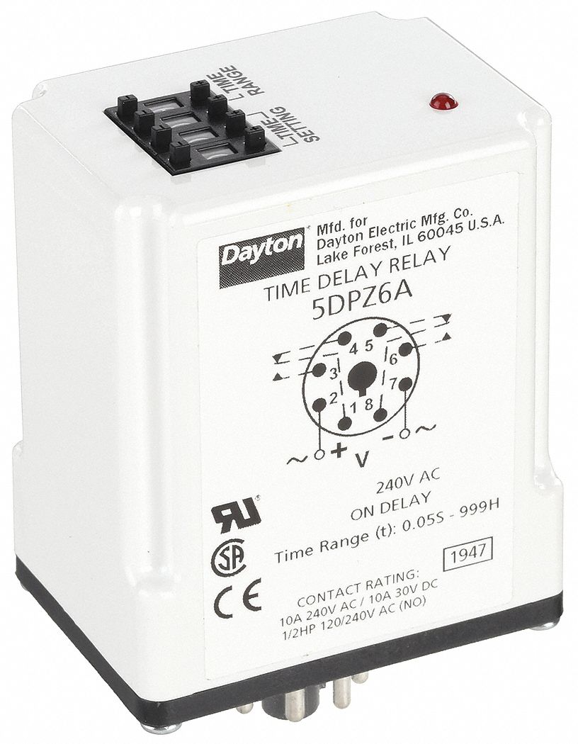 Single Function Time Delay Relay: Socket Mounted, 240V AC, 10 A, 8 Pins/Terminals, On Delay