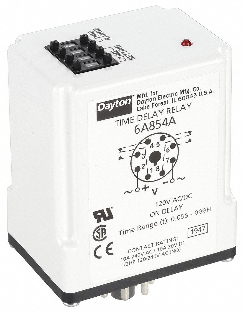 Single Function Time Delay Relay: Socket Mounted, 12V DC, 10 A, 8 Pins/Terminals, On Delay