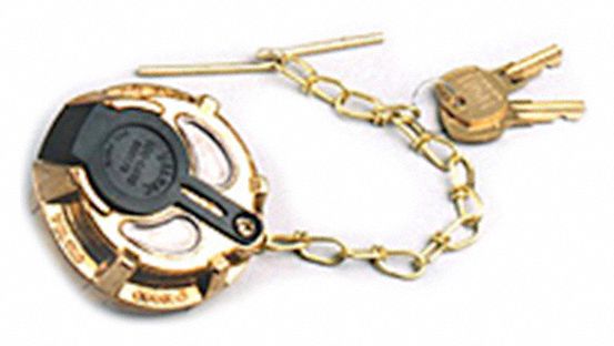 Fuel Cap: Lockable, Threaded with Chain and Cross Bar, 2 5/16 in Neck Dia, 2 5/16 in Neck Lg