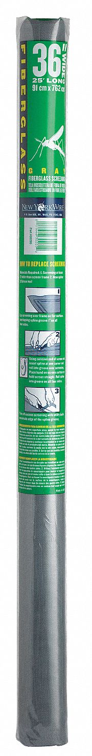 Replacement Screen: Fiberglass, Gray, 18 x 16 Mesh Size, 3 ft Wd, 25 ft Lg