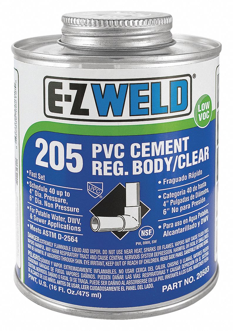 Solvent Cement: 8 oz Size, Clear, For Use With Schedule 40 PVC Pipe and Fittings Up To 4 in