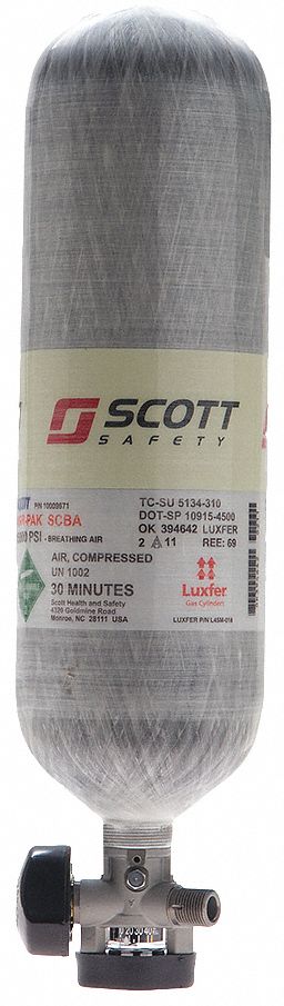 SCBA Cylinder with Valve: Carbon, 7.7 lb Wt Empty, Pre-Filled, Threaded,  4,500 psi Cylinder Pressure
