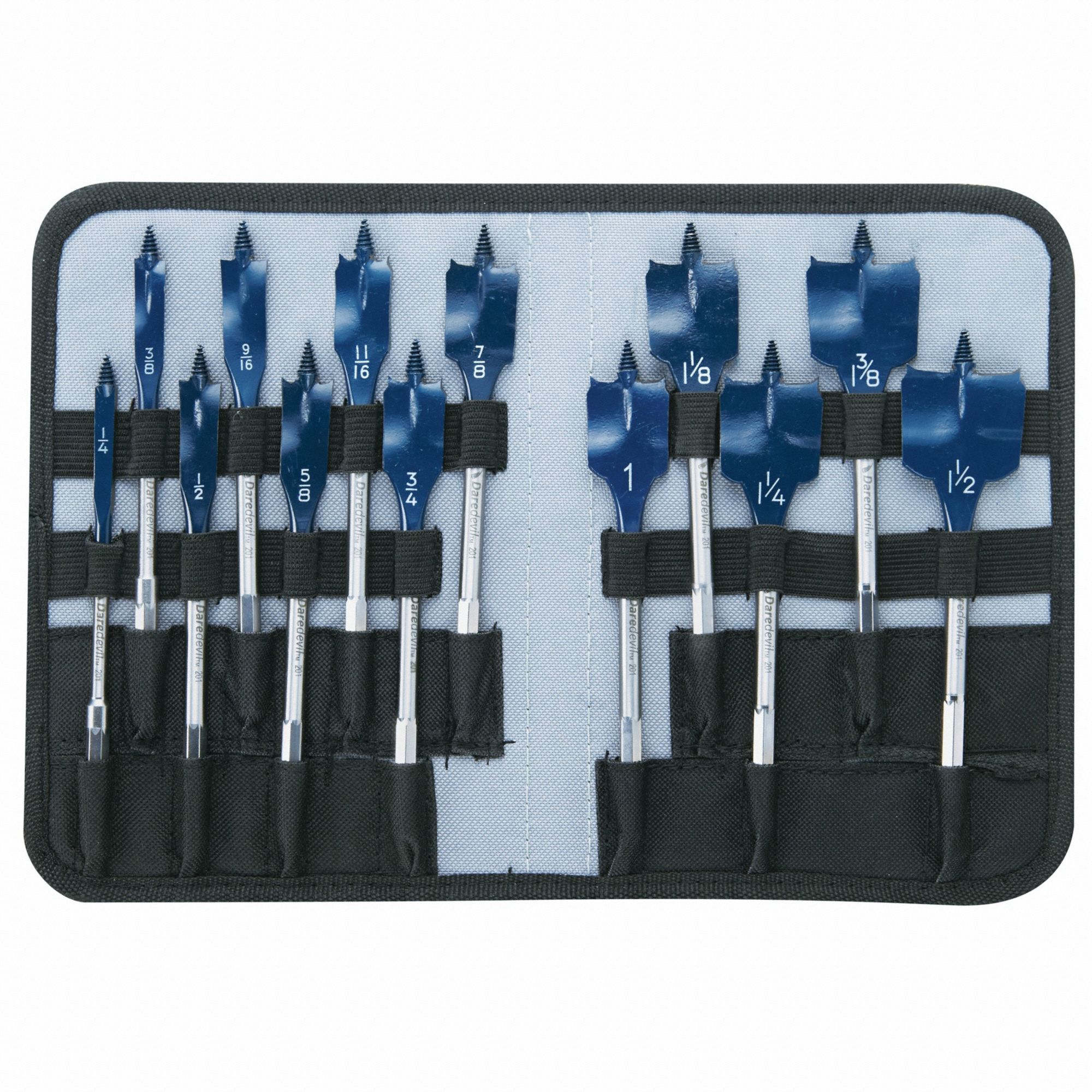 Spade Drill Bit Set: 6 in Overall Lg, Bright (Uncoated), 1/4 in Shank Hex Size, 13 Drill Bits