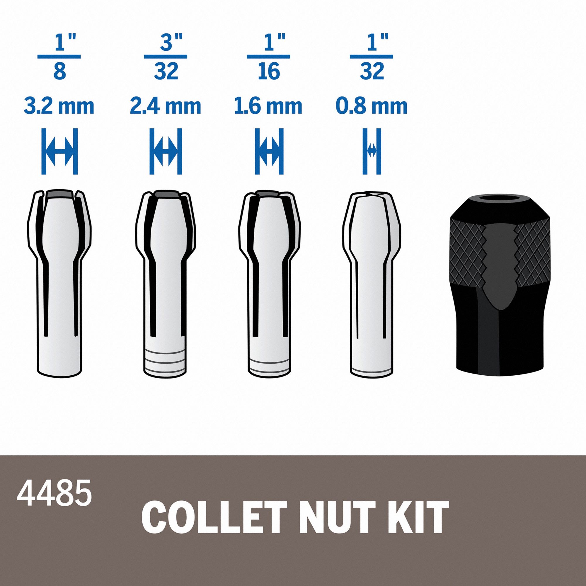 DREMEL Quick Change Collet Nut Set 1/8 in, 3/32 in, 1/16 in, 1/32 in