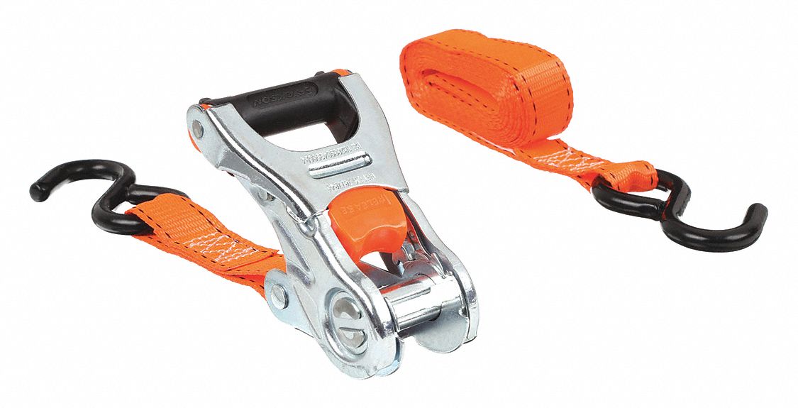 TIE DOWN STRAP, RATCHET, S-HOOK, GEN PURPOSE, 1 IN W, 500 LB WLL, ORANGE, 10 FT L, 4 PK
