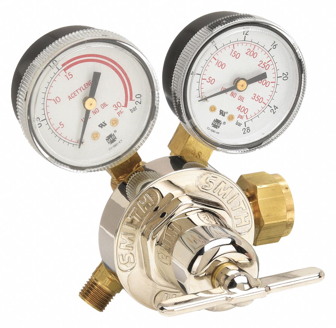 Gas Regulator: Single Stage, CGA 520 Inlet, 9/16"-18 M LH Outlet, 15 psig, Acetylene