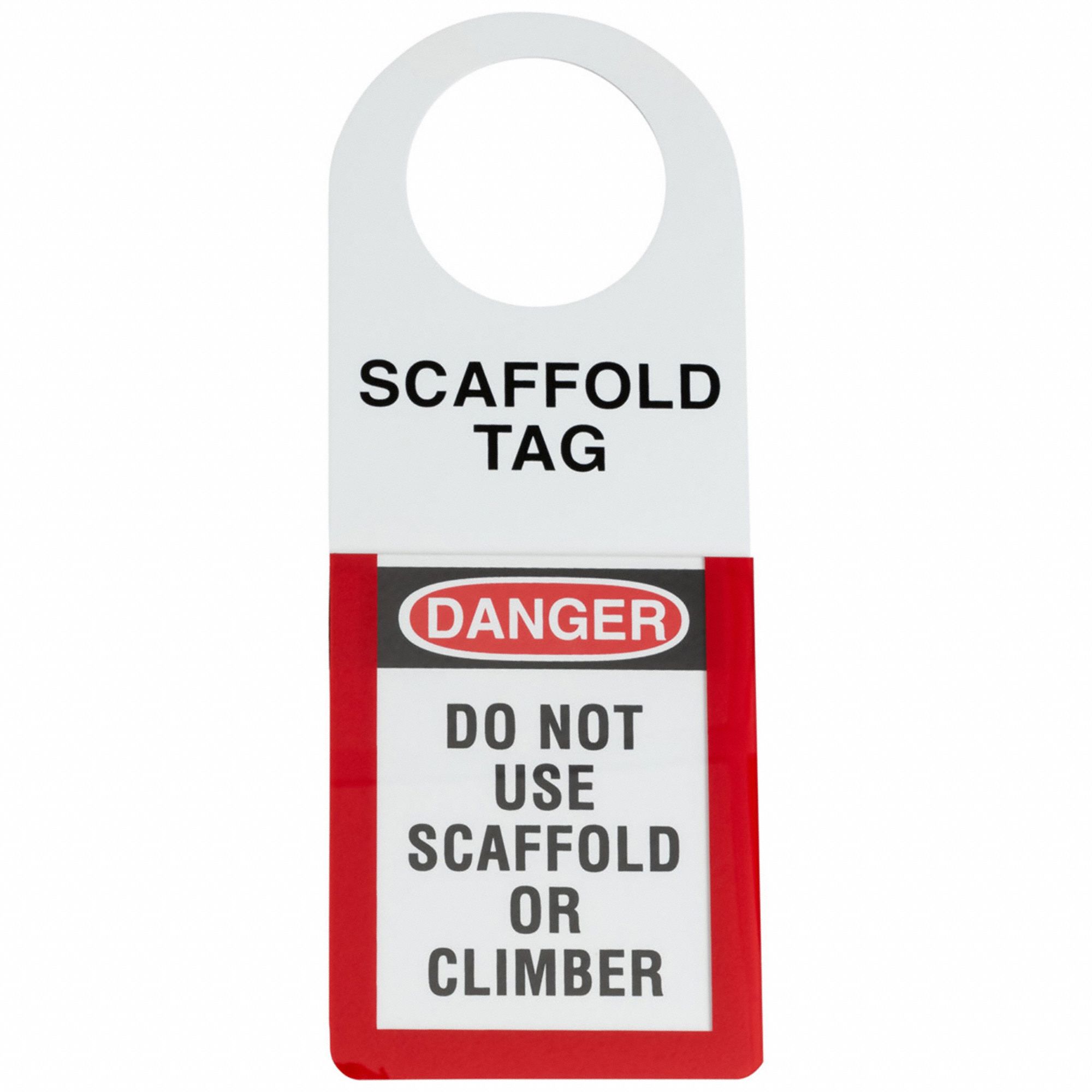 Tag: 4 1/2 in Wd, 12 in Ht, Black/Red/White, Rectangle, Plastic, Indoor/Outdoor, 0.06 in Tag Thick