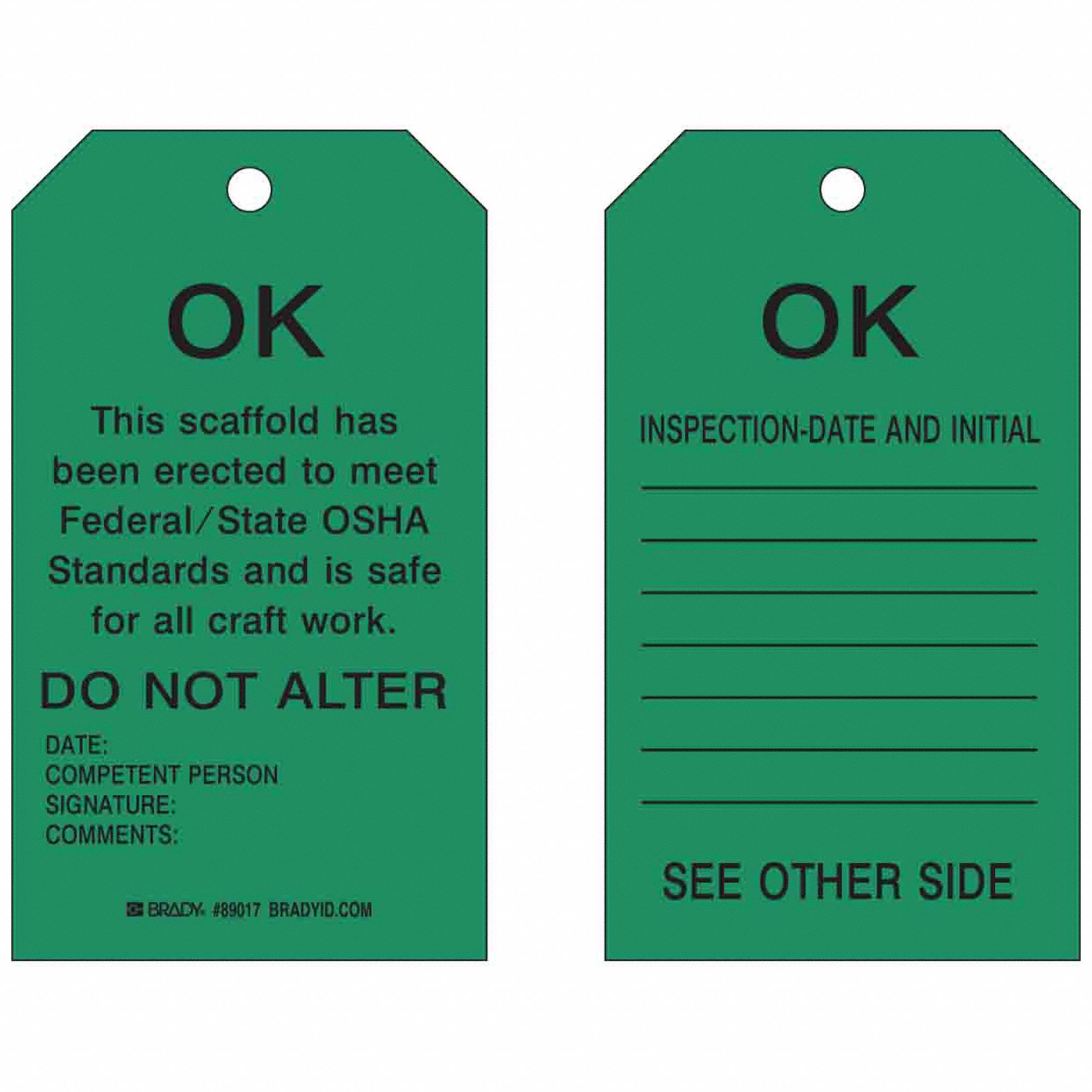 Tag: Ok, 4 in Wd, 7 in Ht, Black/Green, Rectangle, Matte, Heavy Duty Polyester, English, 10 PK