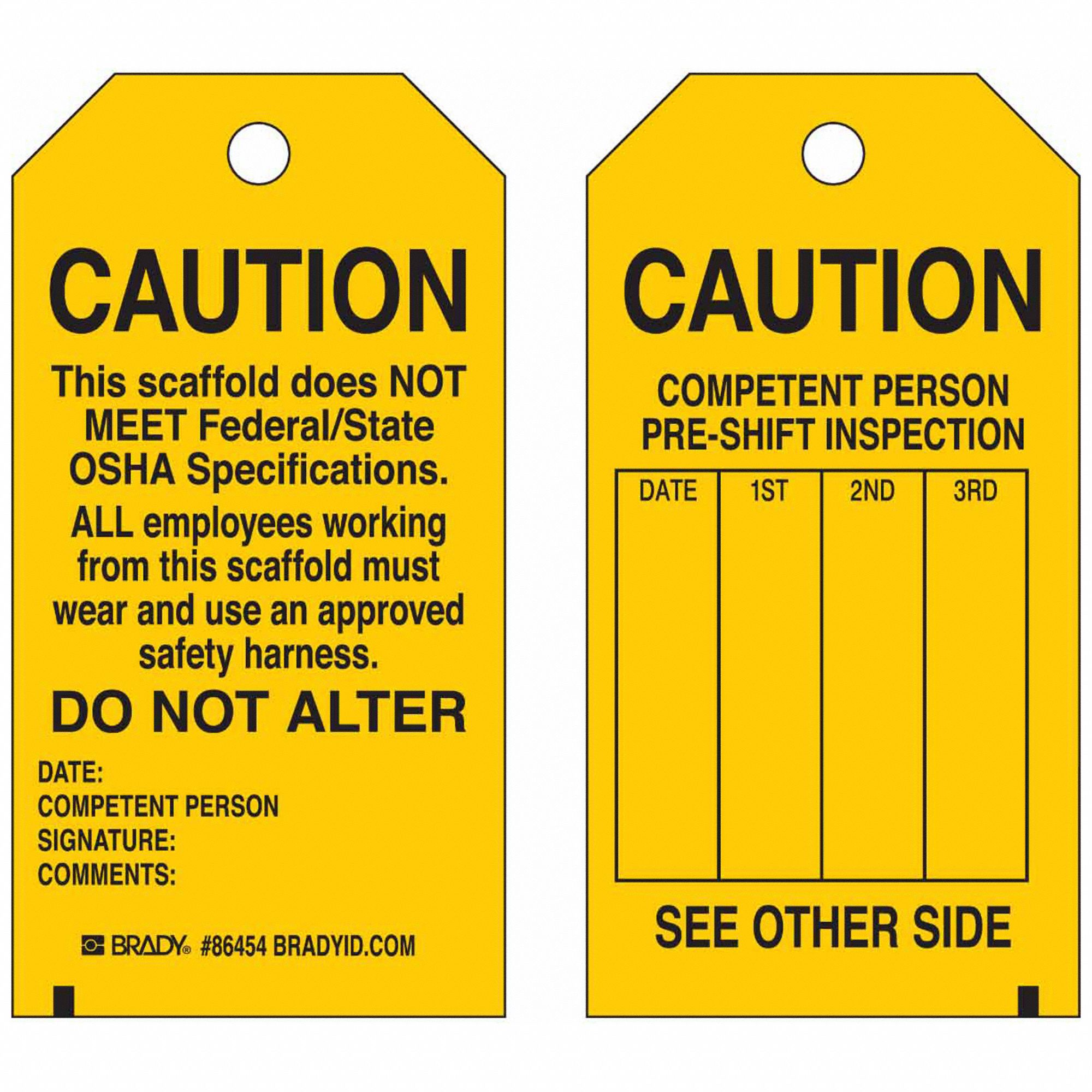 Tag: Caution, 3 in Wd, 5 3/4 in Ht, Black/Yellow, Rectangle, Paper, Indoor, English, 100 PK