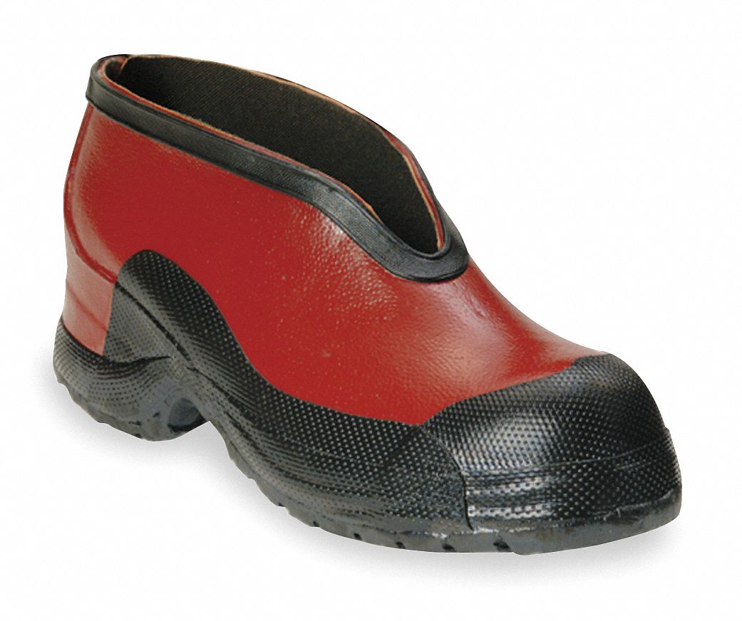 DIELECTRIC OVERSHOES, ANKLE HEIGHT, MEN'S, SLIP ON, RED/BLACK, SZ 11, OZONE-RESISTANT RUBBER