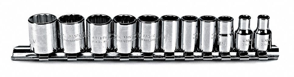 Socket Set: 1/4 in Drive, 11 Piece, 12-Point, Metric, 5 mm to 14 mm