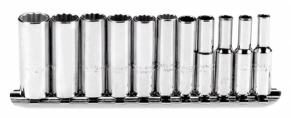 Socket Set: 1/4 in Drive, 11 Piece, 12-Point, Metric, 5 mm to 14 mm
