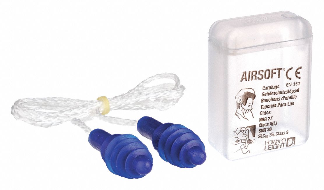 EARPLUGS, REUSABLE, BL,WHT, TPE/NYLON, UNIVERSAL, FLANGED, 27DB, CORDED, PUSH-IN