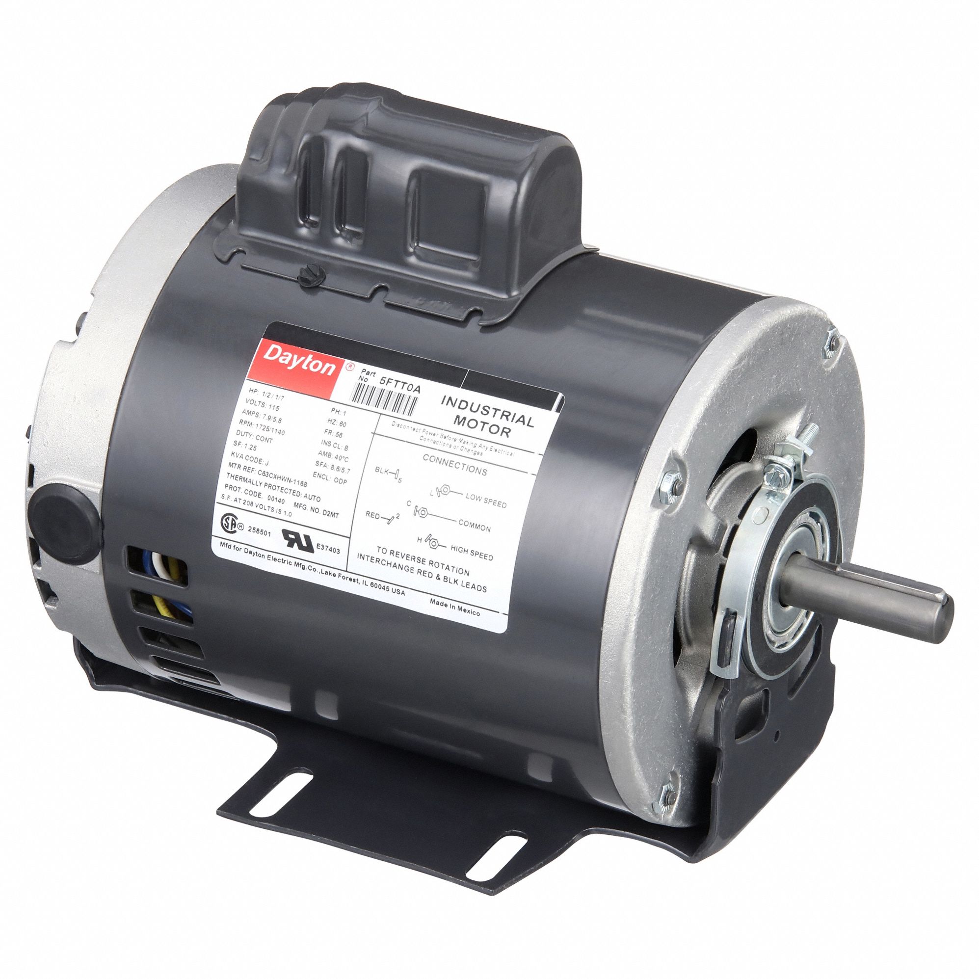 General Purpose Motor: Single Phase, 1/2 hp/1/7 hp, 115V AC, 56 Frame Size, 5/8 in x 1 7/8 in