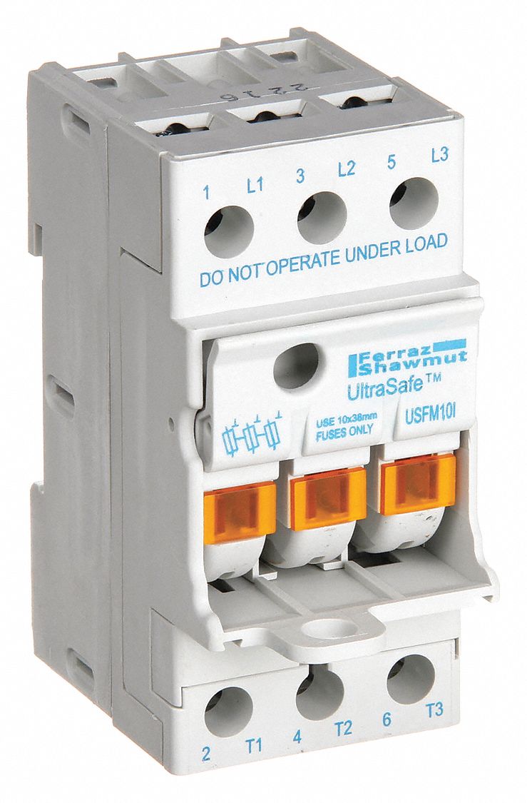 Fuse Block: Finger-Safe, 3 Pole, 600 V AC, DIN Rail Mounting, Screw Termination