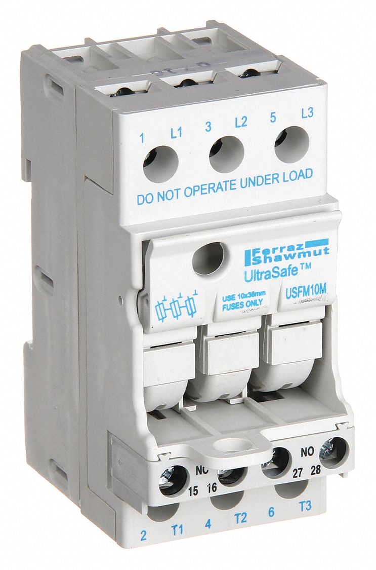 Fuse Block: Finger-Safe, 3 Pole, 600 V AC, DIN Rail Mounting, Screw Termination
