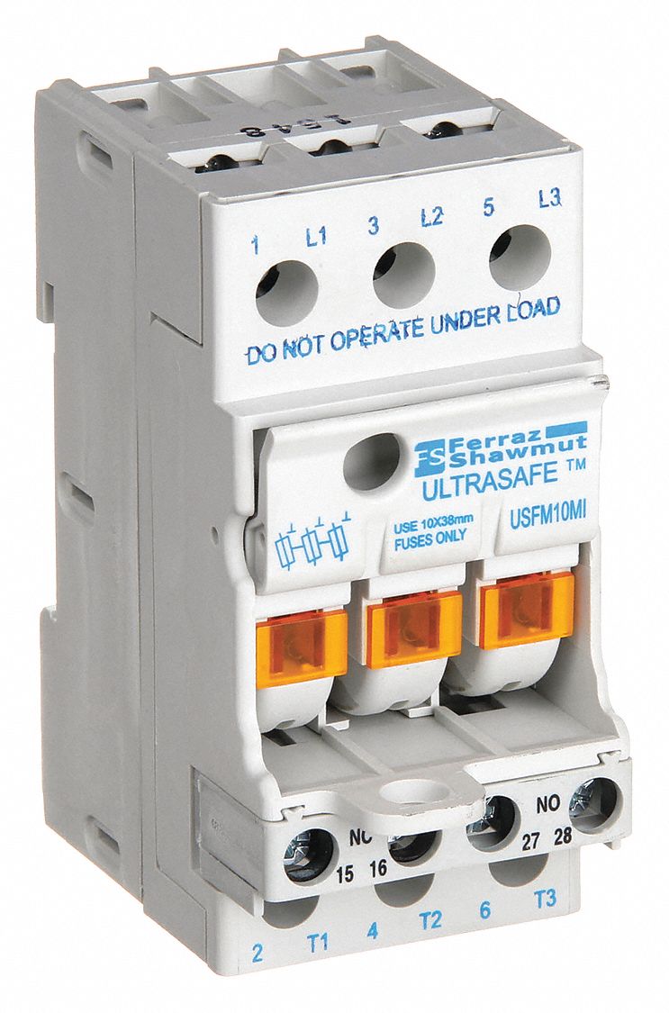 Fuse Block: Finger-Safe, 3 Pole, 600 V AC, DIN Rail Mounting, Screw Termination