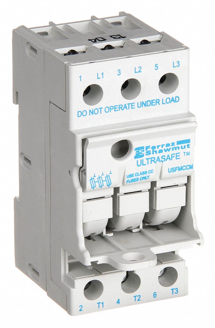 Fuse Block: Finger-Safe, 3 Pole, 600 V AC, DIN Rail Mounting, Screw Termination