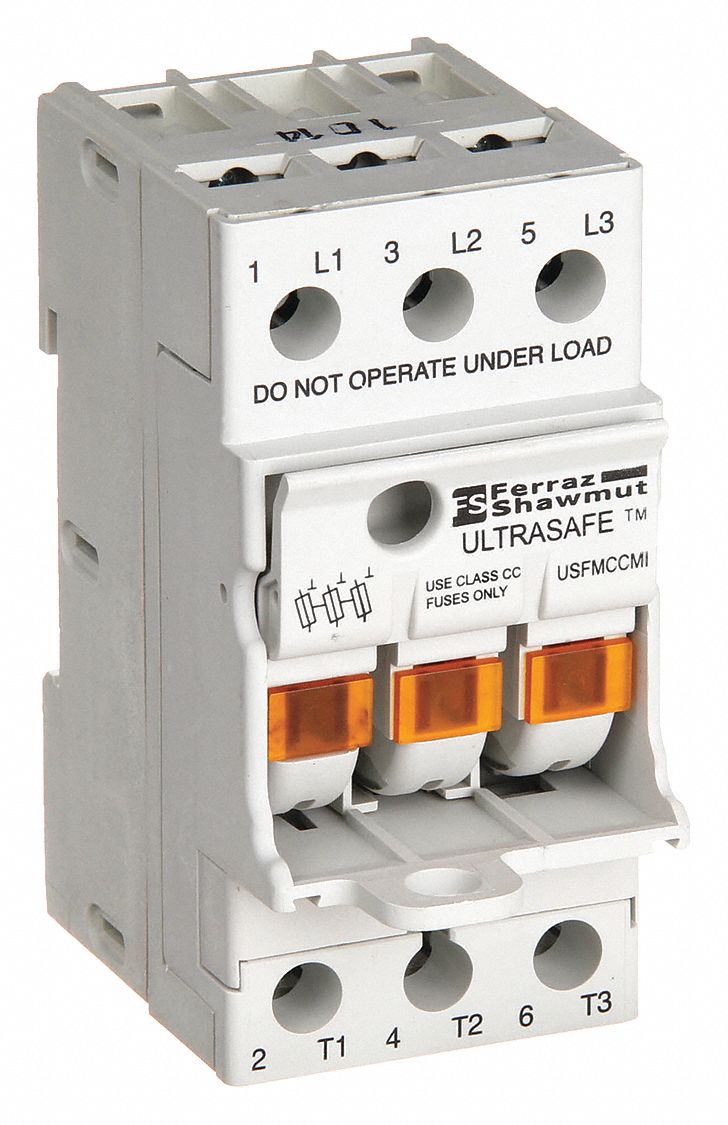 Fuse Block: Finger-Safe, 3 Pole, 600 V AC, DIN Rail Mounting, Screw Termination